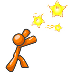 Clip Art Graphic of an Orange Guy Character Reaching For Shining Stars In The Sky, Symbolizing Dreams And Hope
