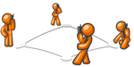 Clip Art Graphic of Orange Guy Characters Standing On Bases In A Square And Chatting To Eachother On Mobile Cell Phones