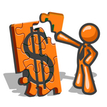 Clip Art Graphic of an Orange Guy Character Fitting A Corner Piece To A Financial Dollar Sign Puzzle On Top