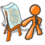 Clip Art Graphic of an Orange Guy Character Wearing A Business Tie, Standing In Front Of A Presentation Board With A Dollar Sign Puzzle During A Meeting