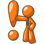 Clip Art Graphic of an Orange Guy Character Wearing A Business Tie And Punching A Giant Exclamation Point