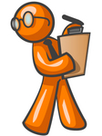 Clip Art Graphic of an Orange Guy Character Wearing Spectacles And A Business Tie And Carrying A Pen And Clipboard While Reviewing Workers