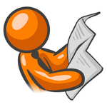 Clip Art Graphic of an Orange Guy Character Wearing A Business Tie And Reading The Morning Newspaper Before The Work Day