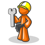 Clip Art Graphic of an Orange Guy Character Construction Worker Holding A Wrench And Wearing A Hardhat And Toolbelt
