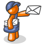 Clip Art Graphic of an Orange Guy Character Mailman In Blue, Holding Out A White Envelope And Carrying A Bag