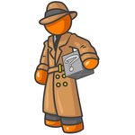 Clip Art Graphic of an Orange Guy Character In A Trench Coat Carrying A Discovery Box