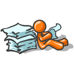Clip Art Graphic of an Orange Guy Character Sitting On The Floor And Going Through A Large Stack Of Papers At Work