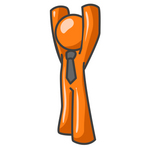 Clip Art Graphic of an Orange Guy Character Wearing A Tie And Standing With His Arms High Above His Head