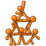 Clip Art Graphic of Orange Guy Characters Wearing Business Ties, Standing On Top Of Eachother In The Form Of A Pyramid