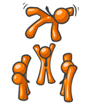 Clip Art Graphic of Orange Guy Characters Tossing Their Team Mate High Into The Air While Celebrating