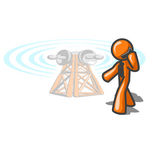 Clip Art Graphic of an Orange Guy Character Walking Past A Communications Tower And Talking On A Cellular Telephone