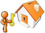 Clip Art Graphic of an Orange Guy Character Holding A Golden Key And Standing By A Home
