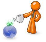 Clip Art Graphic of an Orange Guy Character Using A Watering Can To Feed Sprouting Grass On Top Of A Blue Globe