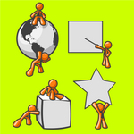 Clip Art Graphic of an Orange Guy Character Collection With A Globe, Presentation, Cube And Star