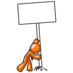 Clip Art Graphic of an Orange Guy Character Putting A Post And Blank Sign Into The Ground