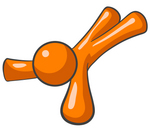 Clip Art Graphic of an Orange Guy Character Lying Flat On His Face, Or On His Back And Stretching