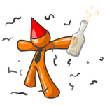 Clip Art Graphic of an Orange Guy Character In A Red Party Hat, Holding A Bottle Of Champagne And Partying In Confetti At A New Year’s Party
