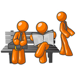 Clip Art Graphic of Orange Guy Characters Waiting At A Bus Stop Bench, Standing, Reading A Newspaper And Sitting