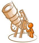 Clip Art Graphic of an Orange Guy Character Astronomer Peering Through The Lens Of A Giant Telescope