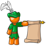 Clip Art Graphic of an Orange Guy Character In A Robin Hood Costume, Holding A Scrolled Parchment
