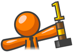 Clip Art Graphic of an Orange Guy Character In A Business Tie, Holding A First Place Trophy
