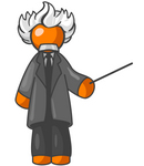 Clip Art Graphic of an Orange Guy Albert Einstein Character With White Hair, Holding A Pointer