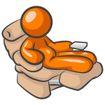 Clip Art Graphic of an Orange Guy Character Being Lazy In A Reclining Chair With A Chubby Belly