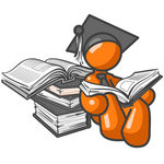 Clip Art Graphic of an Orange Guy Character In A Graduation Cap, Reading Books