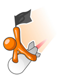 Clip Art Graphic of an Orange Guy Character Waving A Flag And Flying Past On A Fast Rocket