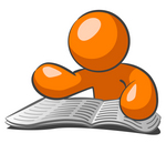 Clip Art Graphic of an Orange Guy Character Reading Through Articles And Classifieds In The Newspaper