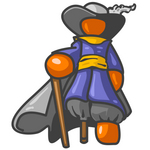 Clip Art Graphic of an Orange Guy Pirate Character With A Peg Leg, Leaning Against A Cane