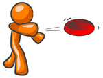 Clip Art Graphic of an Orange Guy Character Throwing A Red Frisbee With Strength