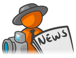 Clip Art Graphic of an Orange Guy Character News Reporter With A Camera And Newspaper