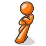 Clip Art Graphic of an Orange Guy Character Slumped And Leaning Heavily Against A Wall While Thinking