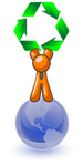 Clip Art Graphic of an Orange Guy Character Holding Green Recycle Arrows Above His Head, Standing On Top Of The Globe