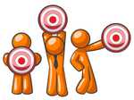 Clip Art Graphic of an Orange Guy Characters Holding Target Bullseye Points In Different Positions