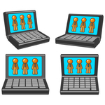Clip Art Graphic of Orange Guy Characters Displayed On Laptop Computer Monitors