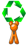 Clip Art Graphic of an Orange Guy Character In A Business Tie, Holding Green Recycle Arrows Above His Head