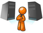 Clip Art Graphic of an Orange Guy Character Standing In Front Of Powerful Computer Serer Towers