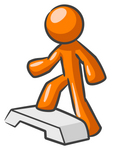 Clip Art Graphic of an Orange Guy Character Stepping Up Onto A Fitness Platform