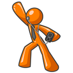 Clip Art Graphic of an Orange Guy Character Dancing And Listenting To Tunes On An Mp3 Player