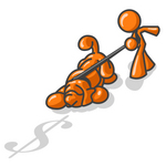 Clip Art Graphic of an Orange Guy Character Trying To Pull Back A Bloodhound Dog Sniffing After Money