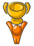 Clip Art Graphic of an Orange Guy Character Displaying A Golden Trophy Cup Above His Head