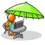 Clip Art Graphic of an Orange Guy Character Working At A Patio Table On A Laptop