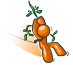 Clip Art Graphic of an Orange Guy Character Swinging Past On A Strong Vine