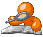 Clip Art Graphic of an Orange Guy Character Reading Through A Book With A Magnifying Glass