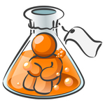 Clip Art Graphic of an Orange Guy Character Sitting In Bubbly Liquid, Trapped Inside A Beaker In A Science Lab
