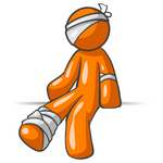 Clip Art Graphic of an Orange Guy Character Injured And Bandaged On The Head, Elbow And Ankle