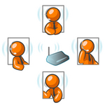 Clip Art Graphic of Orange Guy Characters Holding A Wireless Meeting And Wearing Headsets