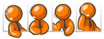 Clip Art Graphic of an Orange Guy Character In Four Different Poses, Wearing A Business Tie And Talking On A Headset